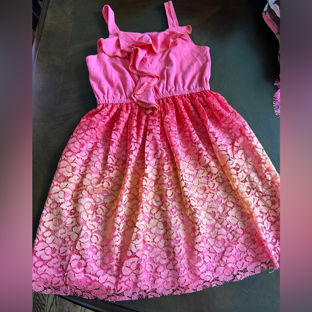 Bonnie Jean Girls Pink Orange Sunset‎ Lace Dress, Size 12